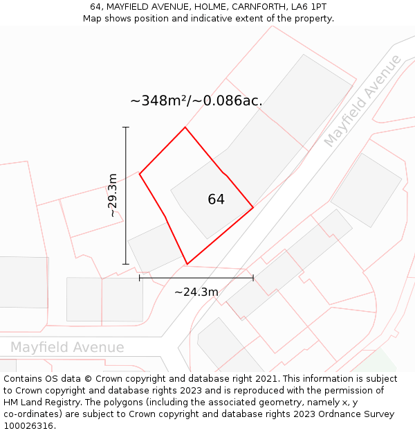 64, MAYFIELD AVENUE, HOLME, CARNFORTH, LA6 1PT: Plot and title map