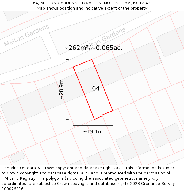 64, MELTON GARDENS, EDWALTON, NOTTINGHAM, NG12 4BJ: Plot and title map