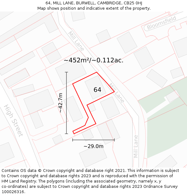 64, MILL LANE, BURWELL, CAMBRIDGE, CB25 0HJ: Plot and title map