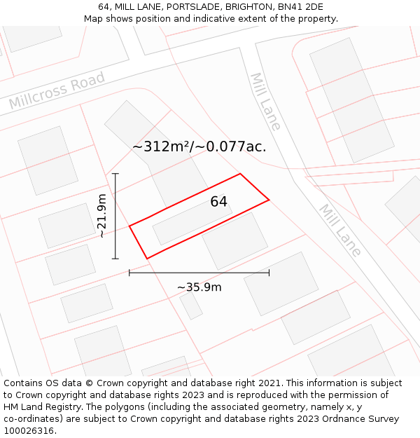 64, MILL LANE, PORTSLADE, BRIGHTON, BN41 2DE: Plot and title map