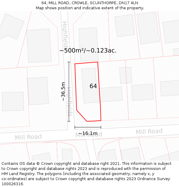 64, MILL ROAD, CROWLE, SCUNTHORPE, DN17 4LN: Plot and title map