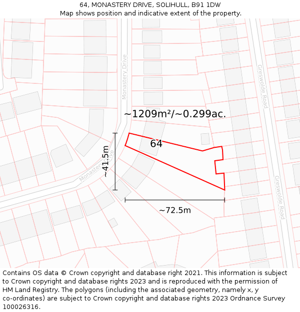 64, MONASTERY DRIVE, SOLIHULL, B91 1DW: Plot and title map