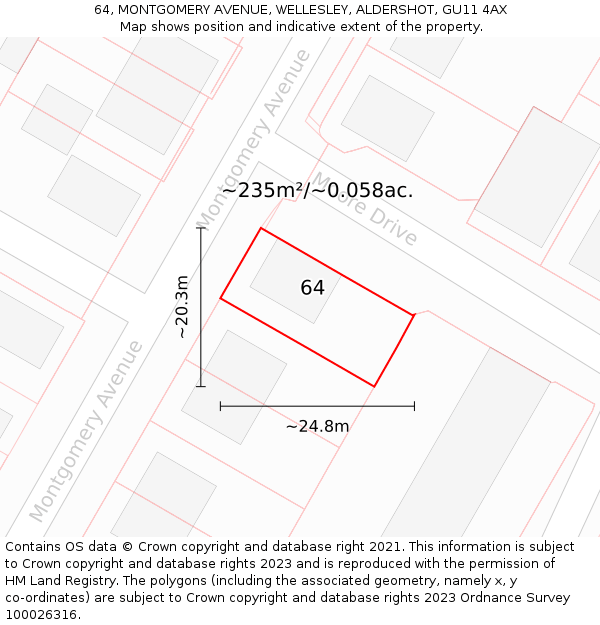 64, MONTGOMERY AVENUE, WELLESLEY, ALDERSHOT, GU11 4AX: Plot and title map