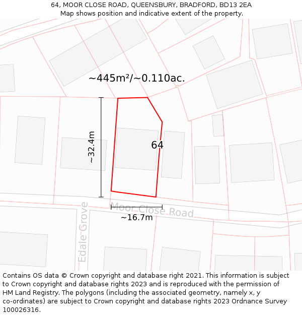 64, MOOR CLOSE ROAD, QUEENSBURY, BRADFORD, BD13 2EA: Plot and title map