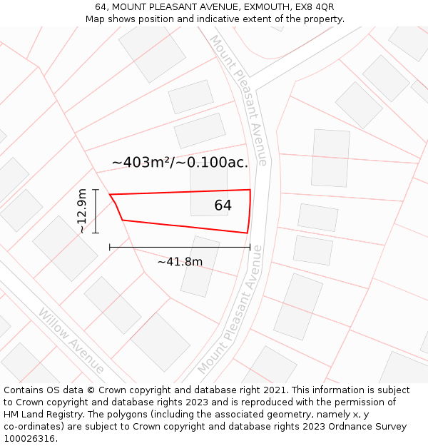 64, MOUNT PLEASANT AVENUE, EXMOUTH, EX8 4QR: Plot and title map