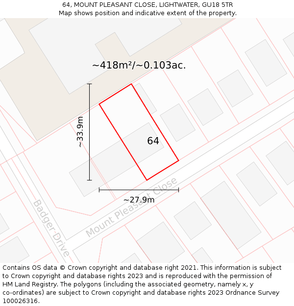 64, MOUNT PLEASANT CLOSE, LIGHTWATER, GU18 5TR: Plot and title map