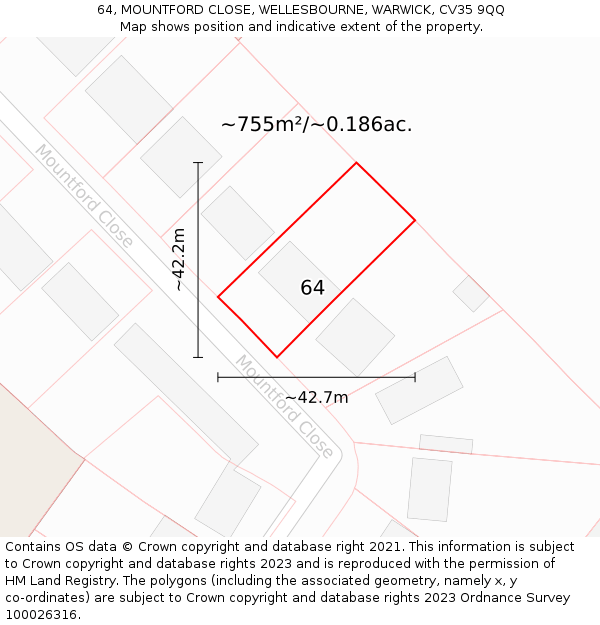 64, MOUNTFORD CLOSE, WELLESBOURNE, WARWICK, CV35 9QQ: Plot and title map