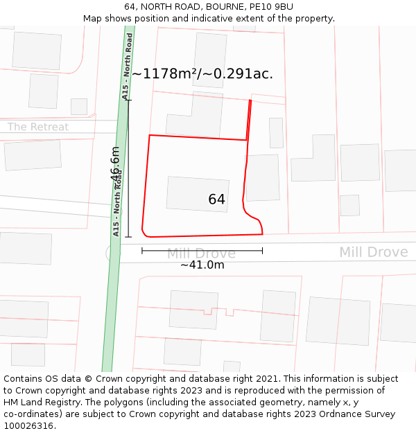 64, NORTH ROAD, BOURNE, PE10 9BU: Plot and title map