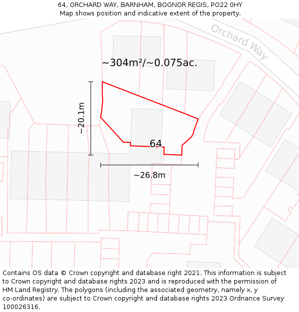 64, ORCHARD WAY, BARNHAM, BOGNOR REGIS, PO22 0HY: Plot and title map