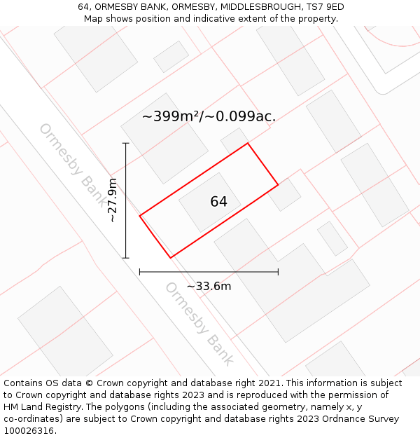 64, ORMESBY BANK, ORMESBY, MIDDLESBROUGH, TS7 9ED: Plot and title map