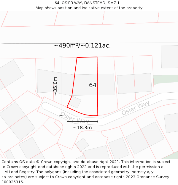 64, OSIER WAY, BANSTEAD, SM7 1LL: Plot and title map