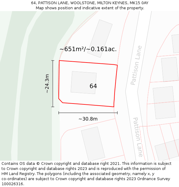 64, PATTISON LANE, WOOLSTONE, MILTON KEYNES, MK15 0AY: Plot and title map