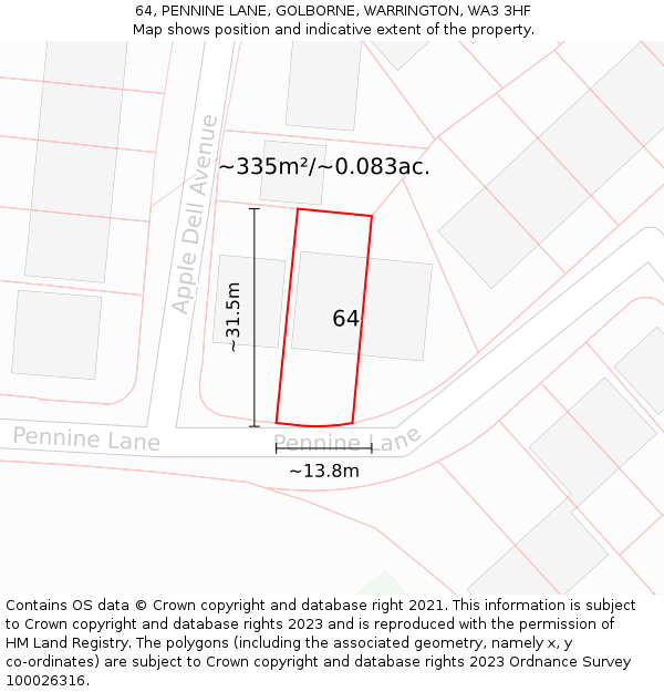 64, PENNINE LANE, GOLBORNE, WARRINGTON, WA3 3HF: Plot and title map