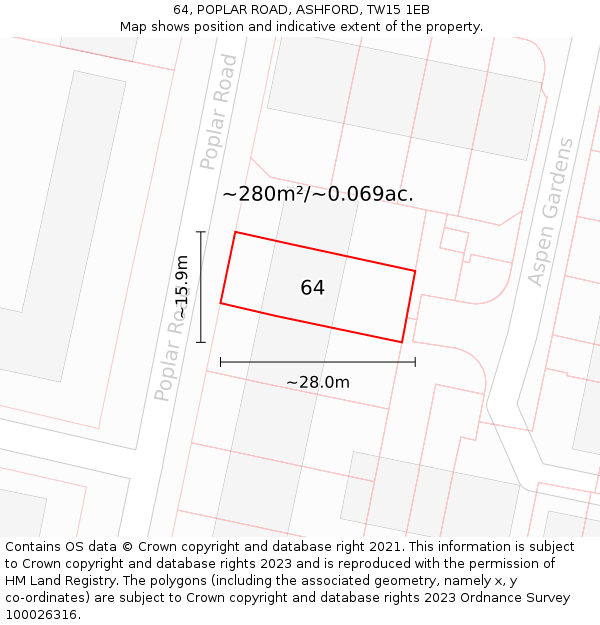 64, POPLAR ROAD, ASHFORD, TW15 1EB: Plot and title map