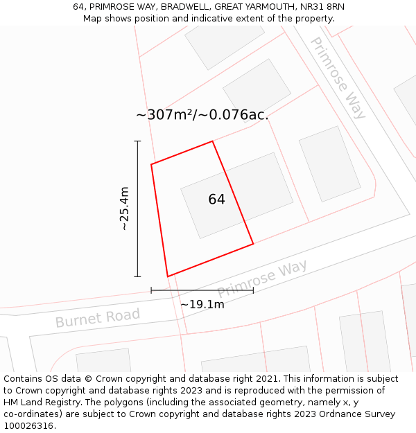 64, PRIMROSE WAY, BRADWELL, GREAT YARMOUTH, NR31 8RN: Plot and title map