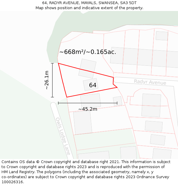 64, RADYR AVENUE, MAYALS, SWANSEA, SA3 5DT: Plot and title map