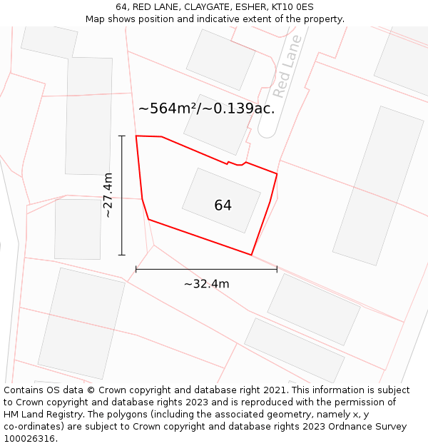 64, RED LANE, CLAYGATE, ESHER, KT10 0ES: Plot and title map