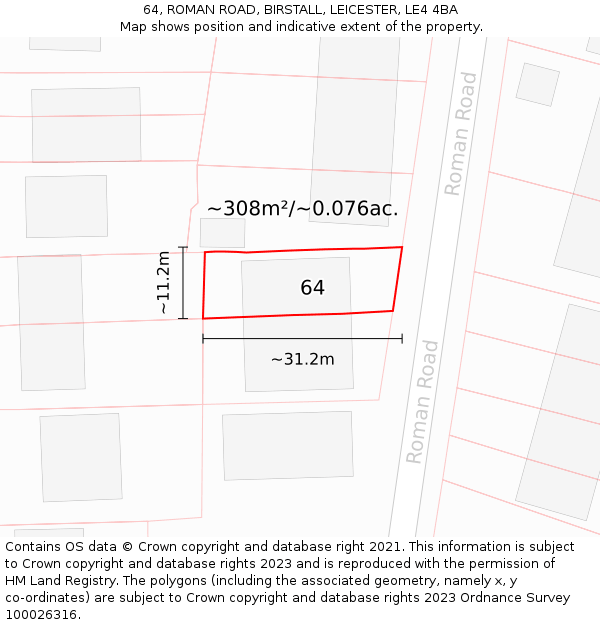 64, ROMAN ROAD, BIRSTALL, LEICESTER, LE4 4BA: Plot and title map