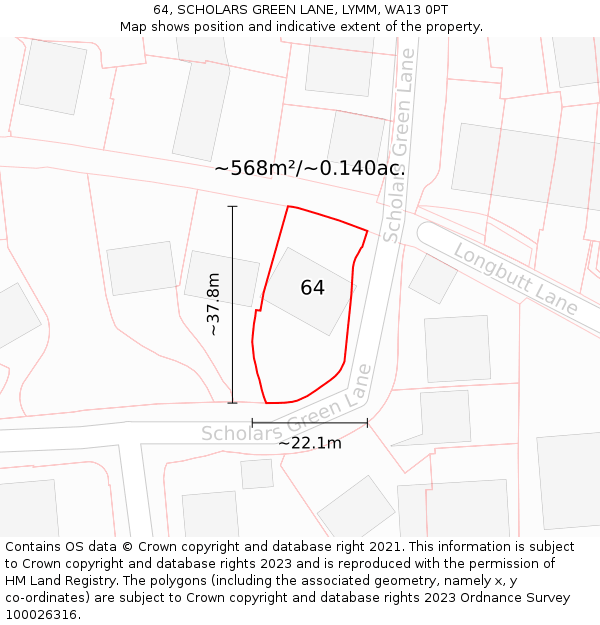 64, SCHOLARS GREEN LANE, LYMM, WA13 0PT: Plot and title map