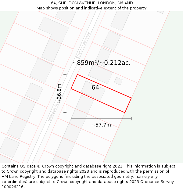 64, SHELDON AVENUE, LONDON, N6 4ND: Plot and title map