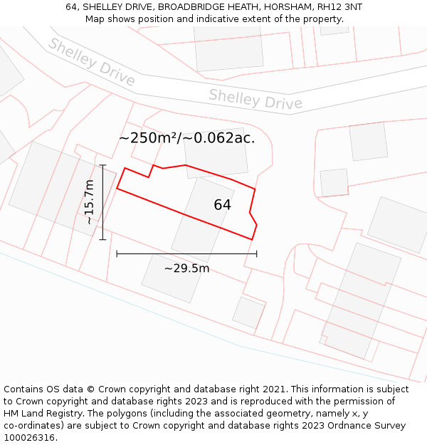 64, SHELLEY DRIVE, BROADBRIDGE HEATH, HORSHAM, RH12 3NT: Plot and title map