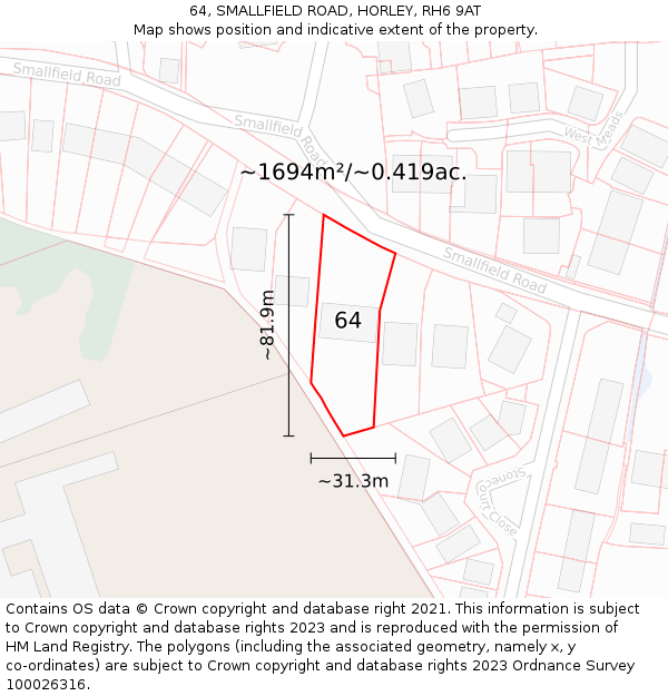 64, SMALLFIELD ROAD, HORLEY, RH6 9AT: Plot and title map