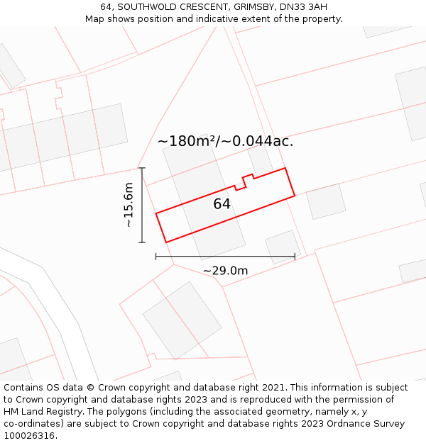 64, SOUTHWOLD CRESCENT, GRIMSBY, DN33 3AH: Plot and title map