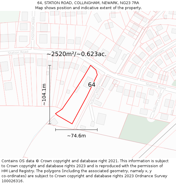 64, STATION ROAD, COLLINGHAM, NEWARK, NG23 7RA: Plot and title map