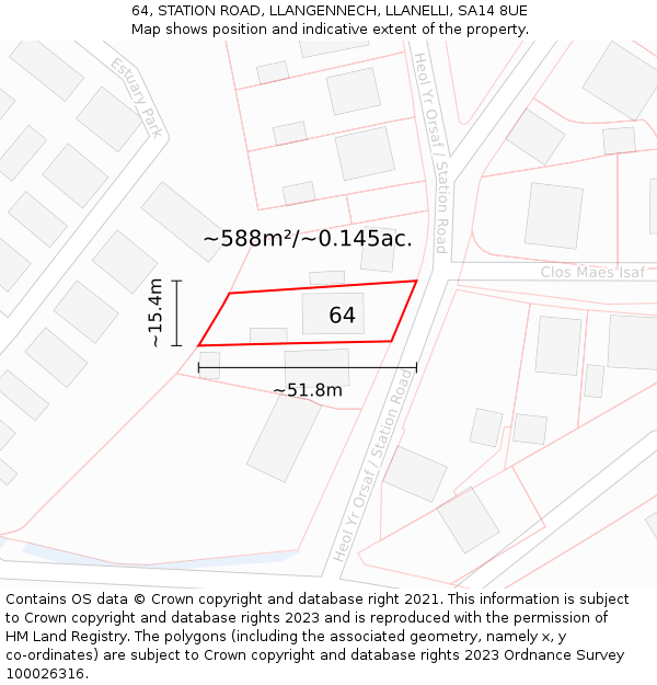 64, STATION ROAD, LLANGENNECH, LLANELLI, SA14 8UE: Plot and title map