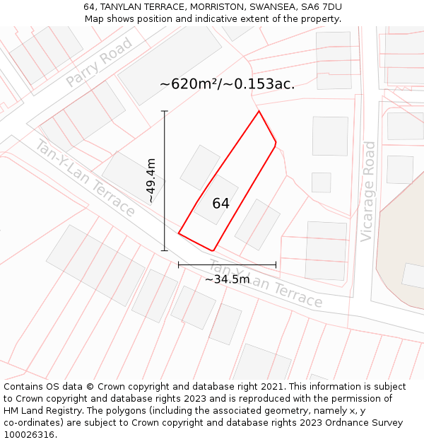 64, TANYLAN TERRACE, MORRISTON, SWANSEA, SA6 7DU: Plot and title map