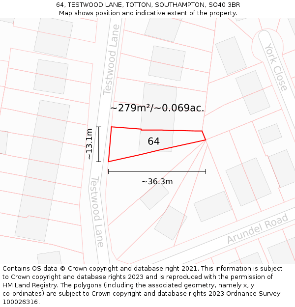 64, TESTWOOD LANE, TOTTON, SOUTHAMPTON, SO40 3BR: Plot and title map