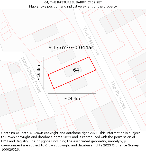 64, THE PASTURES, BARRY, CF62 9ET: Plot and title map