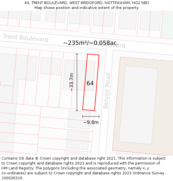 64, TRENT BOULEVARD, WEST BRIDGFORD, NOTTINGHAM, NG2 5BD: Plot and title map