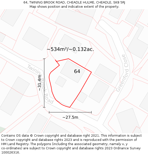 64, TWINING BROOK ROAD, CHEADLE HULME, CHEADLE, SK8 5RJ: Plot and title map