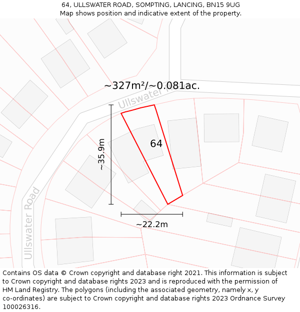 64, ULLSWATER ROAD, SOMPTING, LANCING, BN15 9UG: Plot and title map