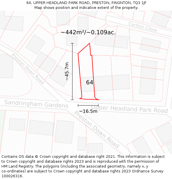 64, UPPER HEADLAND PARK ROAD, PRESTON, PAIGNTON, TQ3 1JF: Plot and title map