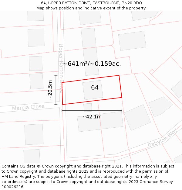 64, UPPER RATTON DRIVE, EASTBOURNE, BN20 9DQ: Plot and title map