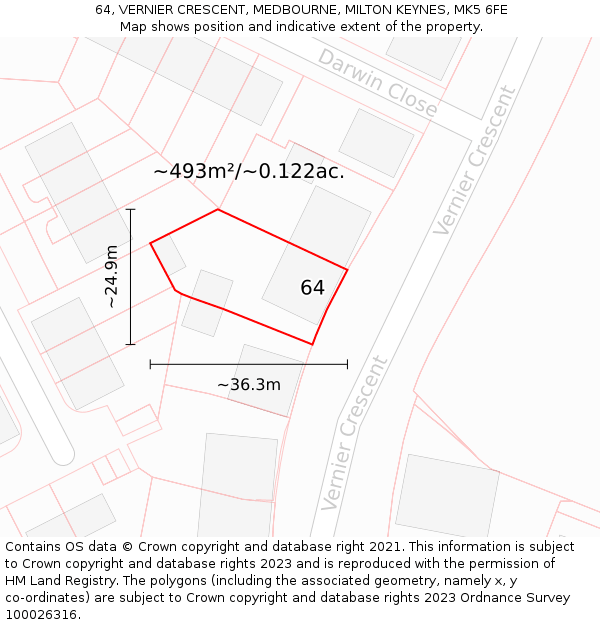 64, VERNIER CRESCENT, MEDBOURNE, MILTON KEYNES, MK5 6FE: Plot and title map