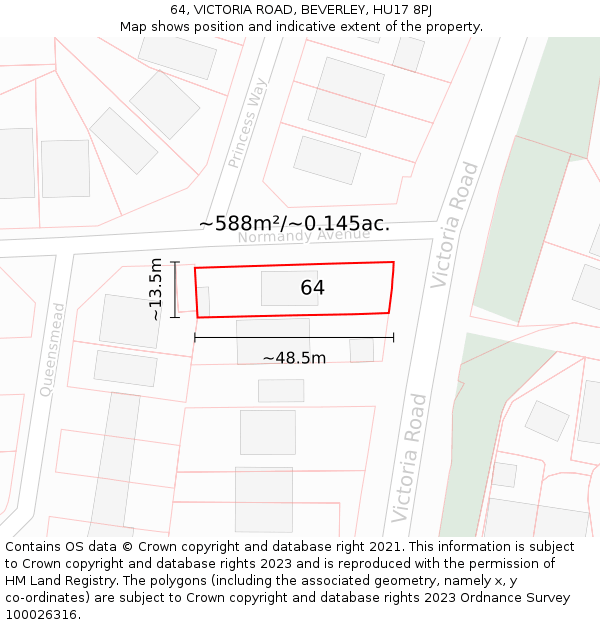 64, VICTORIA ROAD, BEVERLEY, HU17 8PJ: Plot and title map