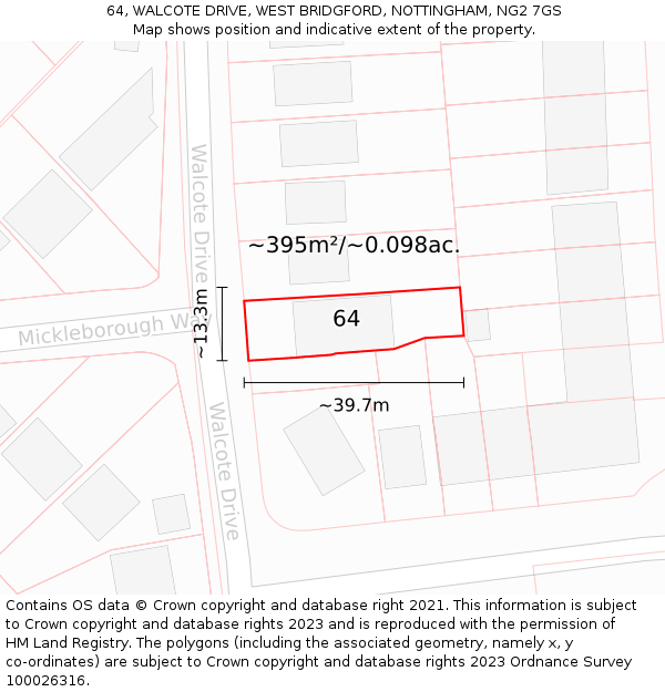 64, WALCOTE DRIVE, WEST BRIDGFORD, NOTTINGHAM, NG2 7GS: Plot and title map