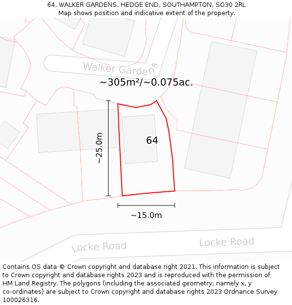 64, WALKER GARDENS, HEDGE END, SOUTHAMPTON, SO30 2RL: Plot and title map