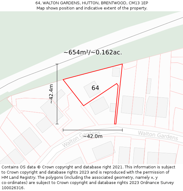 64, WALTON GARDENS, HUTTON, BRENTWOOD, CM13 1EP: Plot and title map