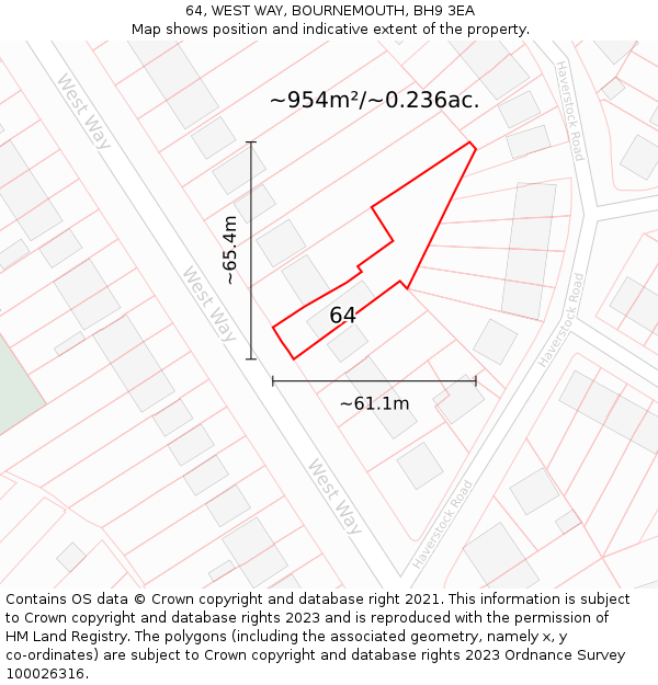 64, WEST WAY, BOURNEMOUTH, BH9 3EA: Plot and title map