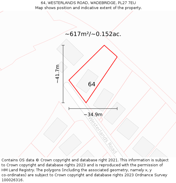 64, WESTERLANDS ROAD, WADEBRIDGE, PL27 7EU: Plot and title map