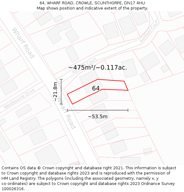 64, WHARF ROAD, CROWLE, SCUNTHORPE, DN17 4HU: Plot and title map