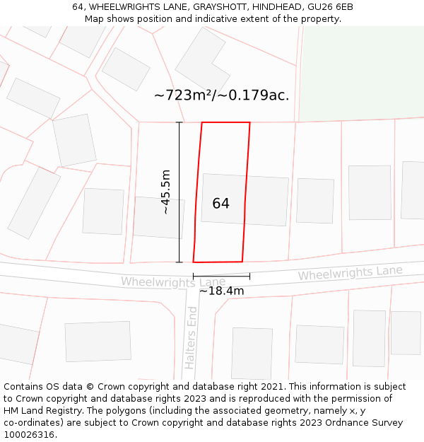 64, WHEELWRIGHTS LANE, GRAYSHOTT, HINDHEAD, GU26 6EB: Plot and title map