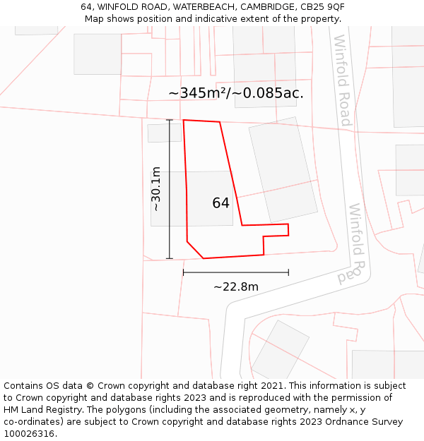 64, WINFOLD ROAD, WATERBEACH, CAMBRIDGE, CB25 9QF: Plot and title map