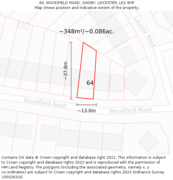 64, WOODFIELD ROAD, OADBY, LEICESTER, LE2 4HP: Plot and title map