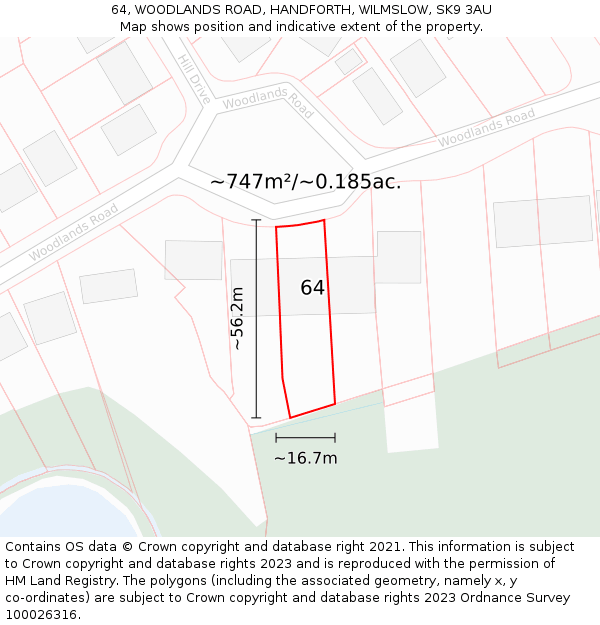 64, WOODLANDS ROAD, HANDFORTH, WILMSLOW, SK9 3AU: Plot and title map