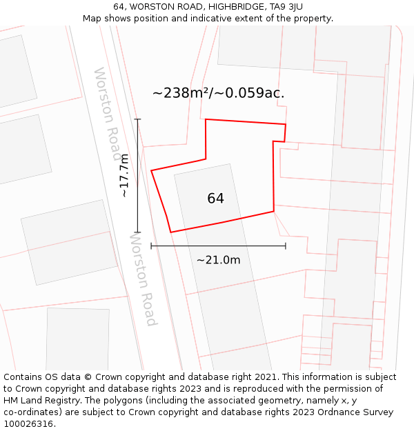 64, WORSTON ROAD, HIGHBRIDGE, TA9 3JU: Plot and title map